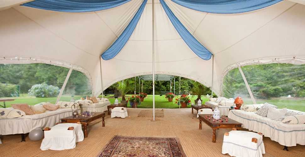 blue and white wedding marquee